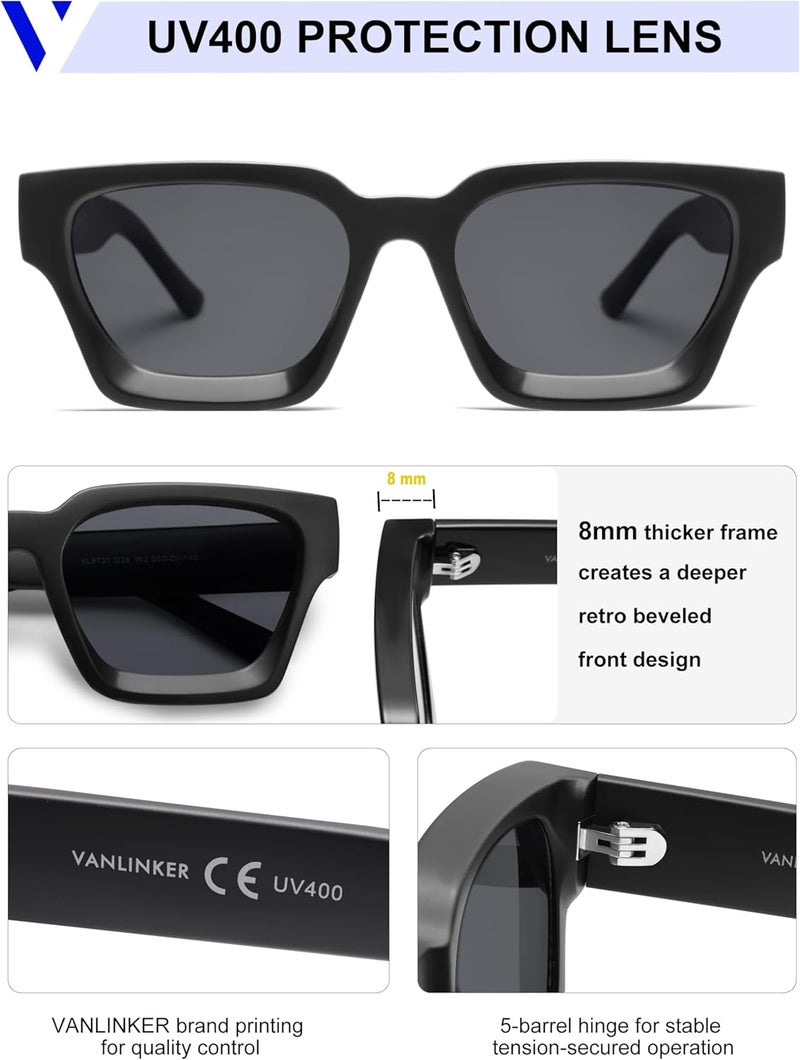 VANLINKER Thick Square Sunglasses for Men Women Retro Chunky Rectangle Shades UV400 Protection VL9731 - Image 4